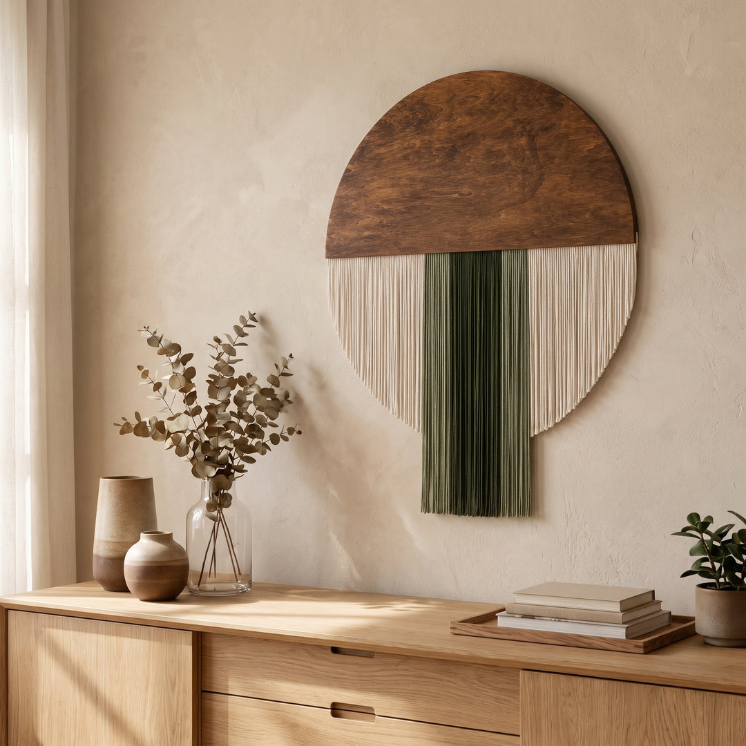 Selo Round Wood & Fringe Wall Tapestry | Boho Circle & Arc Macrame Wall Art for Living Room