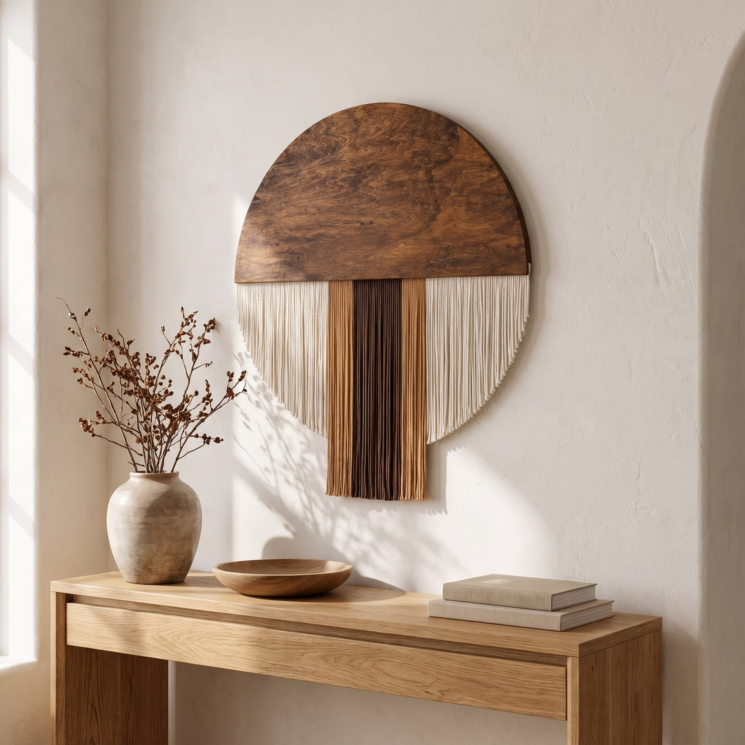 Selo Round Wood & Fringe Wall Tapestry | Boho Circle & Arc Macrame Wall Art for Living Room