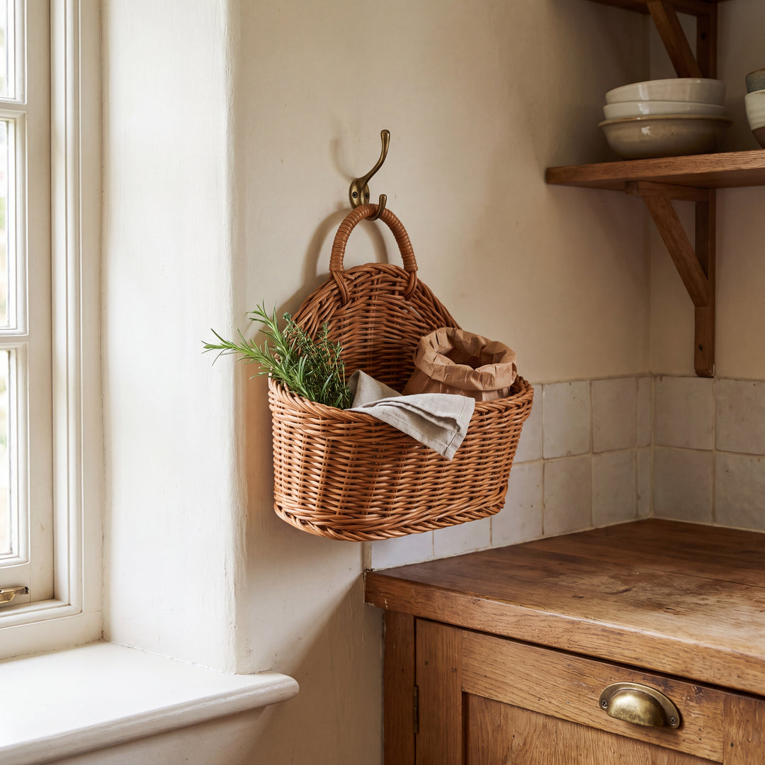 Mori | Hanging Woven Wall Basket, Faux Rattan Storage Organizer for Kitchen & Bathroom