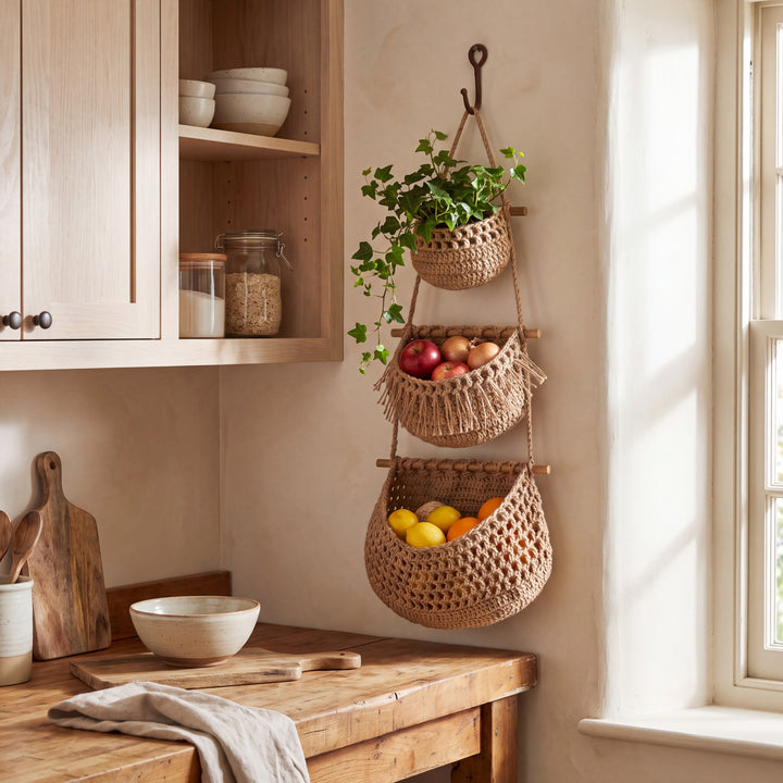 Holland | 3-Tier Hanging Fruit Basket, Boho Wall Organizer for Kitchen & Plants