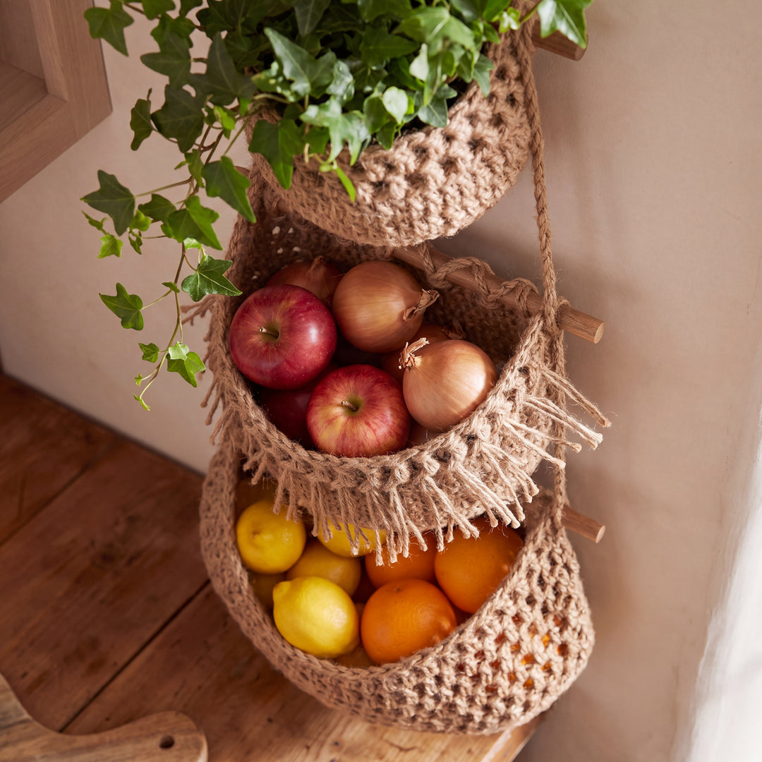 Holland | 3-Tier Hanging Fruit Basket, Boho Wall Organizer for Kitchen & Plants