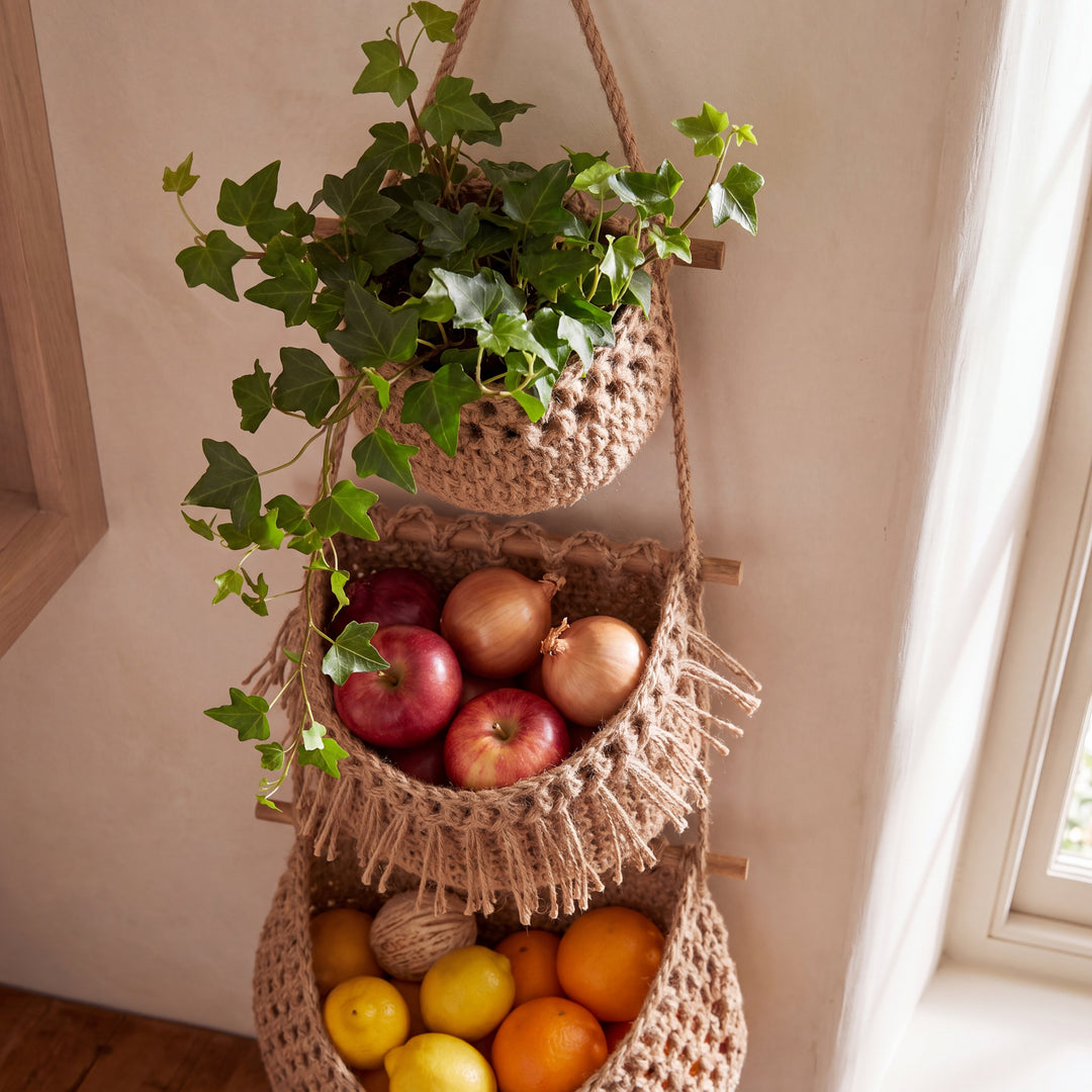 Holland | 3-Tier Hanging Fruit Basket, Boho Wall Organizer for Kitchen & Plants
