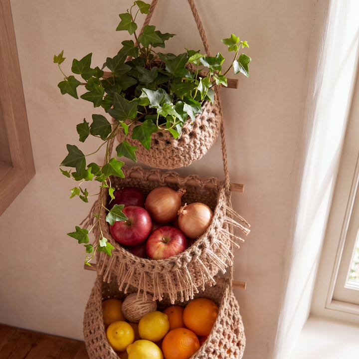 Holland | 3-Tier Hanging Fruit Basket, Boho Wall Organizer for Kitchen & Plants