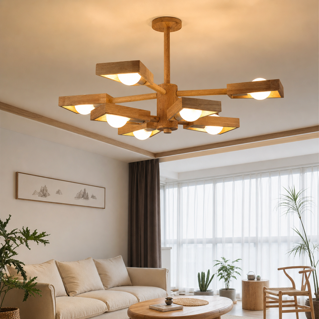 Kotori | Japandi Wood Chandelier with Radial Arms and Exposed Bulbs