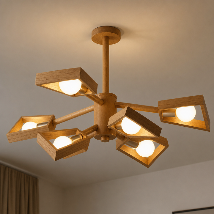 Kotori | Japandi Wood Chandelier with Radial Arms and Exposed Bulbs