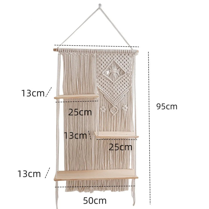 Theia Macrame Wall Hanging Shelf with Three Wood Planks and Fringe Trim