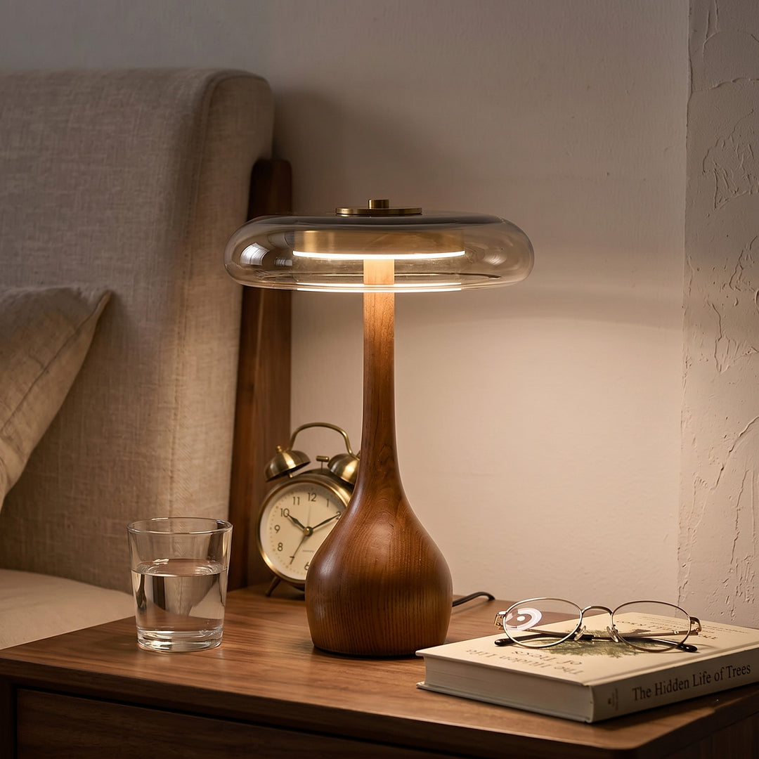 Keir Modern Table Lamp — Wooden Base with Glass Shade