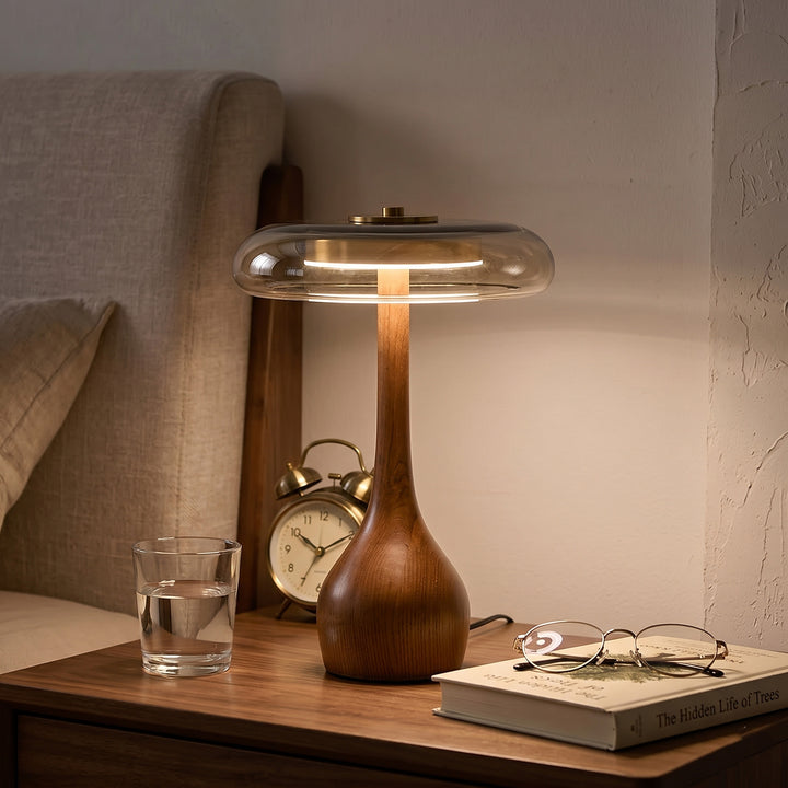 Keir Modern Table Lamp — Wooden Base with Glass Shade