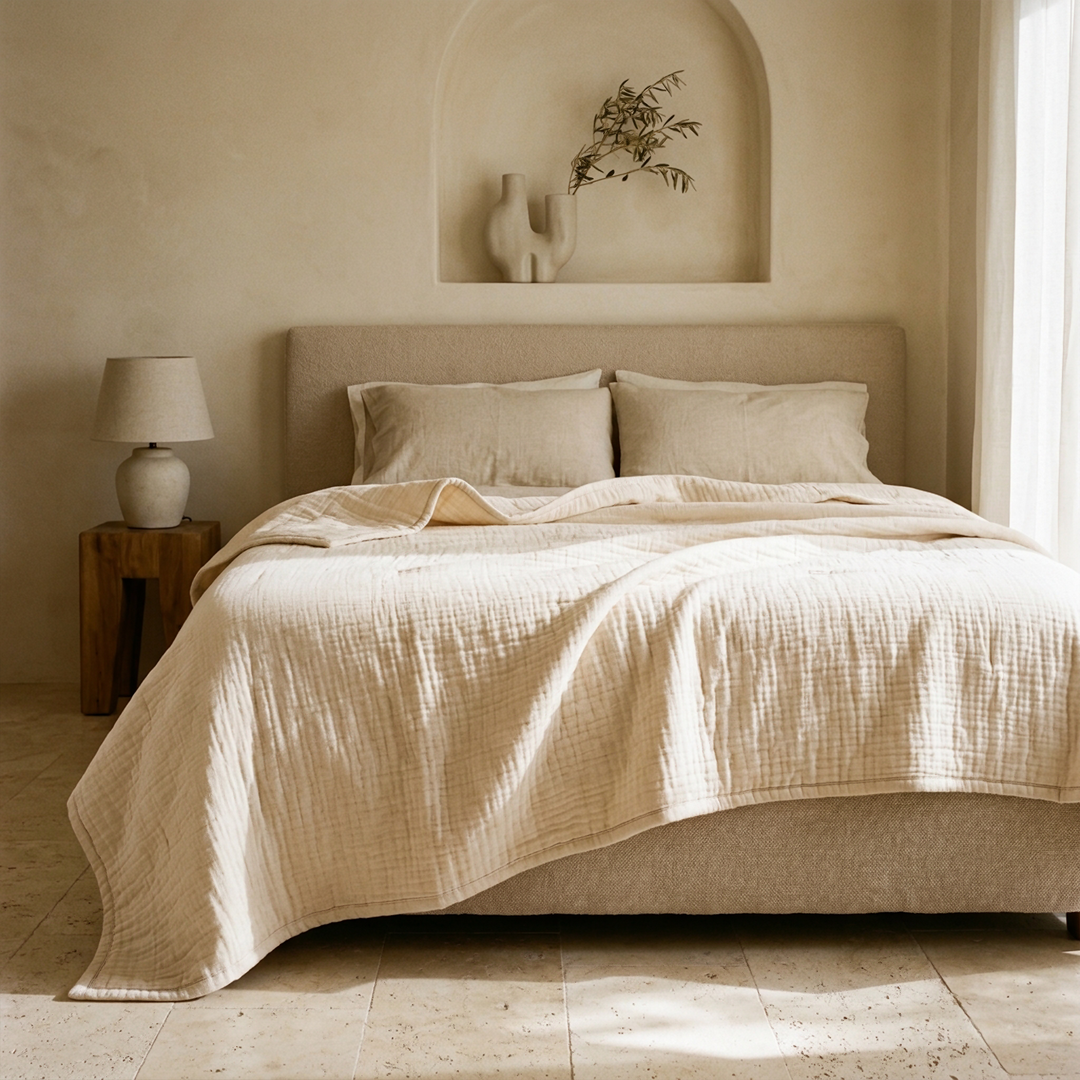 Moselle| Double-Layer Cotton-Linen Quilted Blanket, Lightweight Crinkle Bed Cover