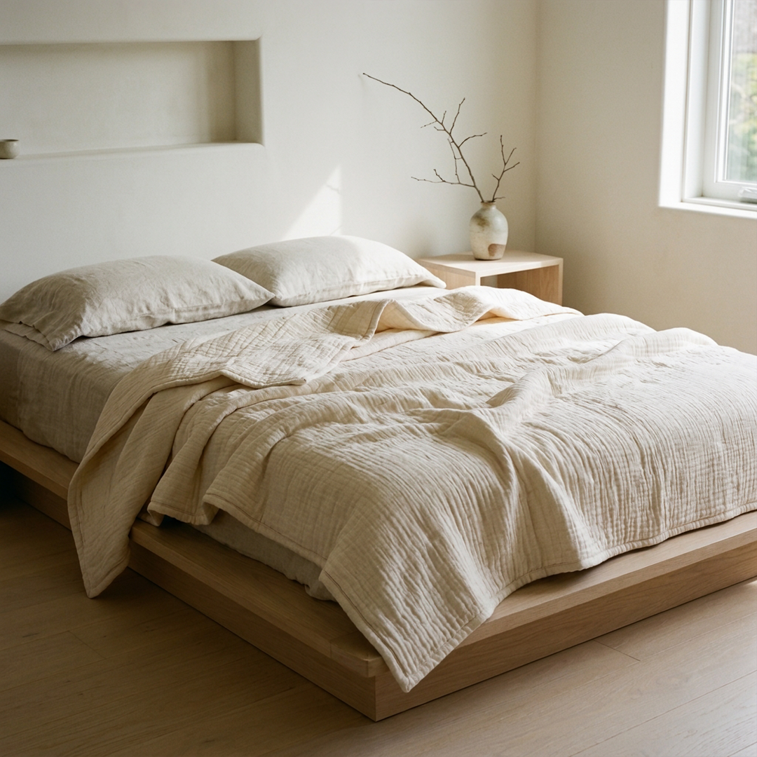 Moselle| Double-Layer Cotton-Linen Quilted Blanket, Lightweight Crinkle Bed Cover