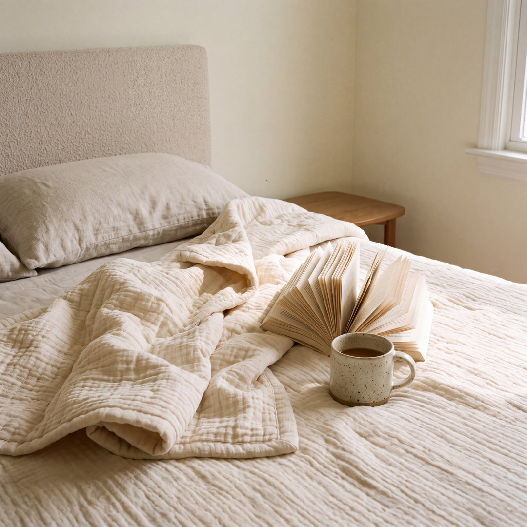 Moselle| Double-Layer Cotton-Linen Quilted Blanket, Lightweight Crinkle Bed Cover