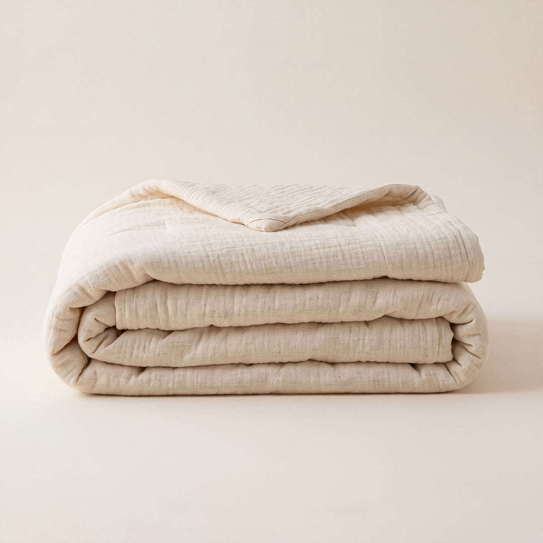 Moselle| Double-Layer Cotton-Linen Quilted Blanket, Lightweight Crinkle Bed Cover