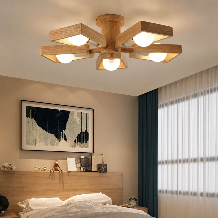 Kotori | Japandi Wood Chandelier with Radial Arms and Exposed Bulbs