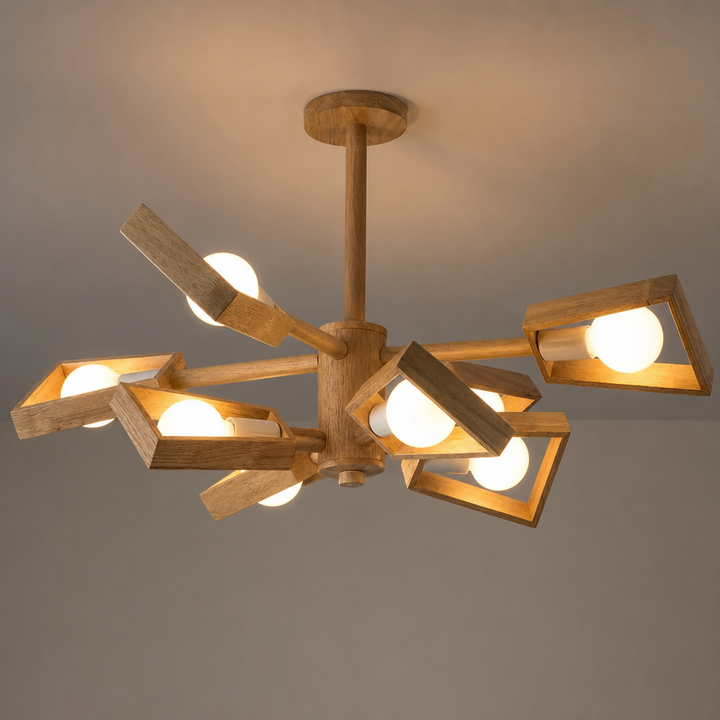 Kotori | Japandi Wood Chandelier with Radial Arms and Exposed Bulbs