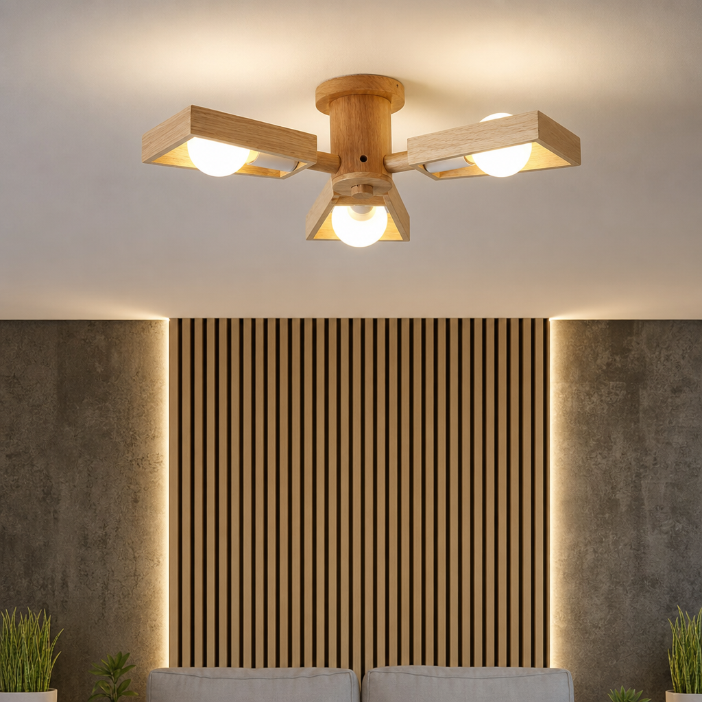 Kotori | Japandi Wood Chandelier with Radial Arms and Exposed Bulbs