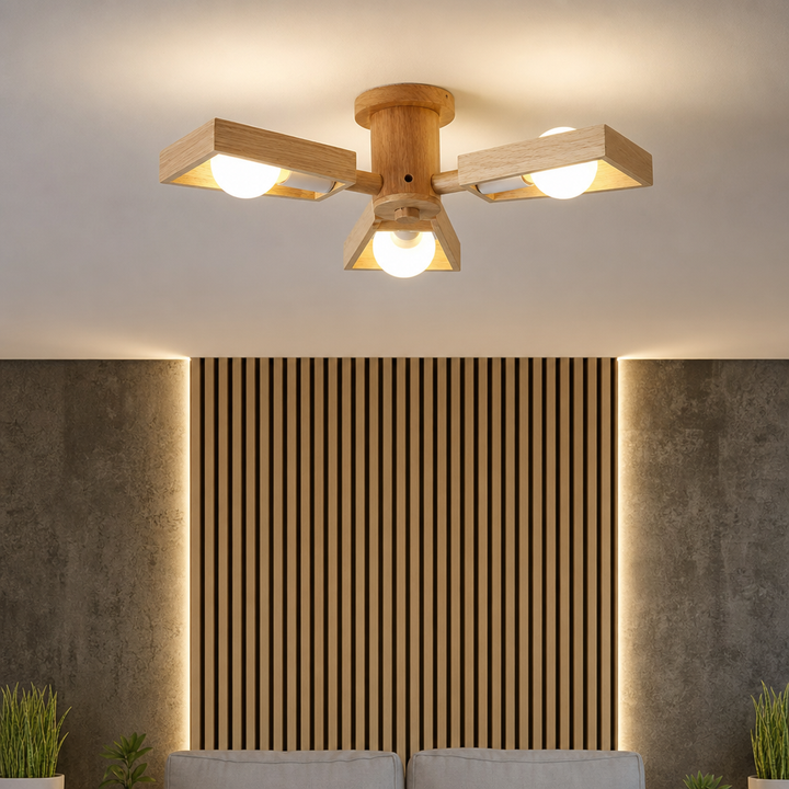 Kotori | Japandi Wood Chandelier with Radial Arms and Exposed Bulbs
