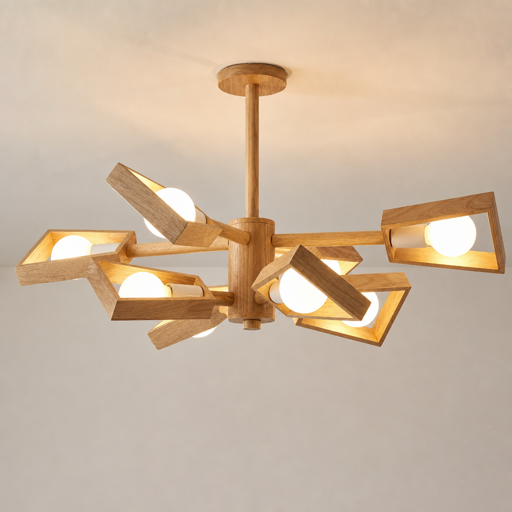 Kotori | Japandi Wood Chandelier with Radial Arms and Exposed Bulbs