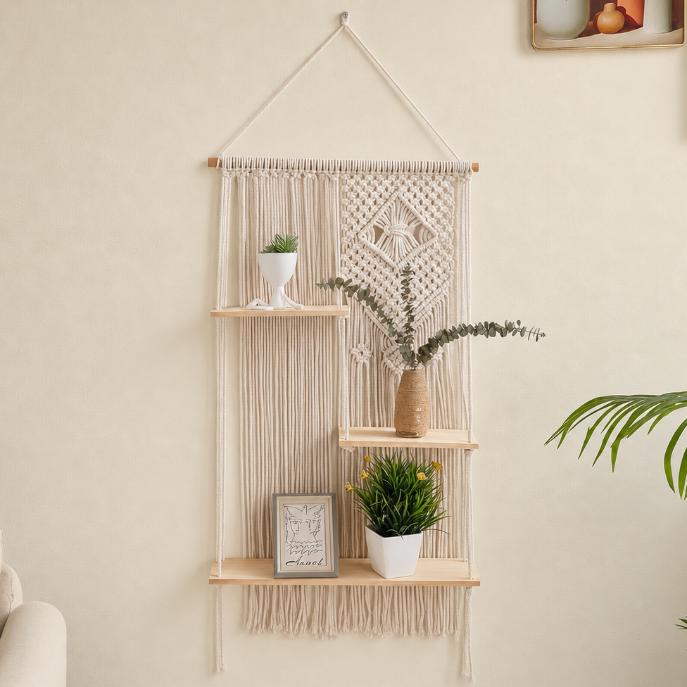 Theia Macrame Wall Hanging Shelf with Three Wood Planks and Fringe Trim