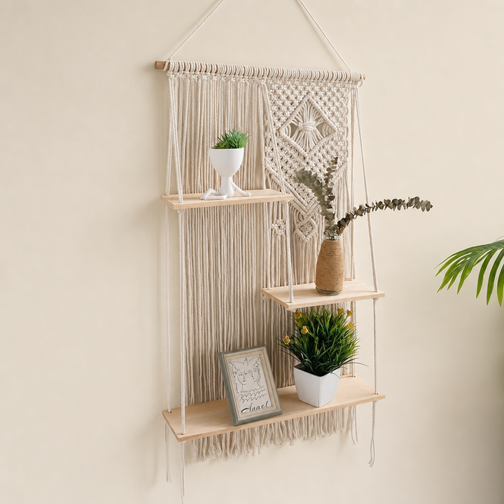 Theia Macrame Wall Hanging Shelf with Three Wood Planks and Fringe Trim