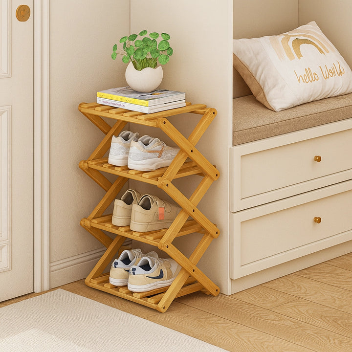 Tiered Bamboo Folding Shoe & Storage Rack – Narrow Entryway Organizer