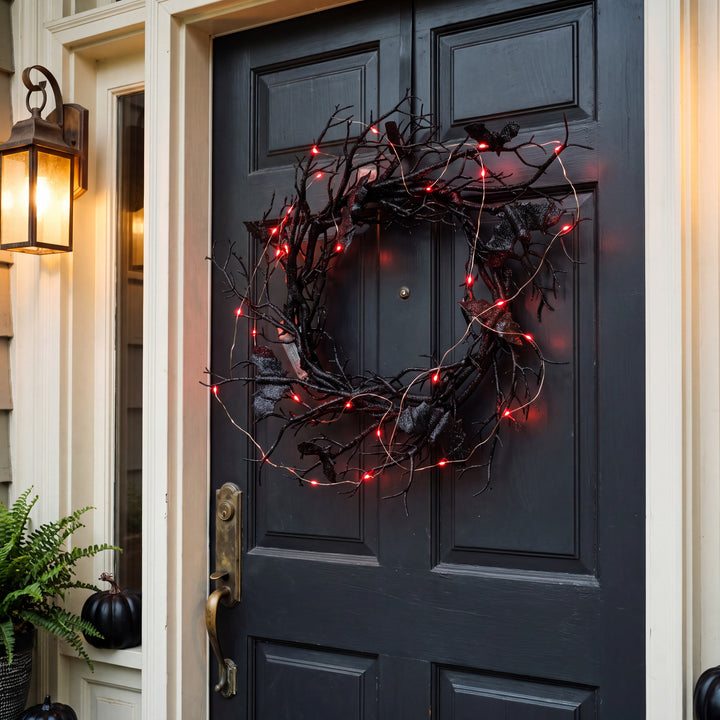 Noctra | Lighted Black Bat Branch Wreath Gothic Halloween Wall Decor