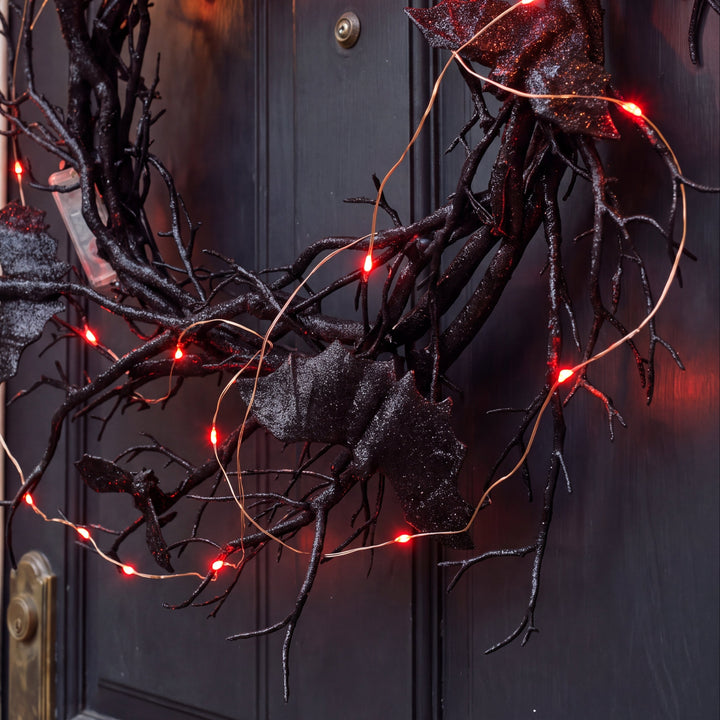 Noctra | Lighted Black Bat Branch Wreath Gothic Halloween Wall Decor