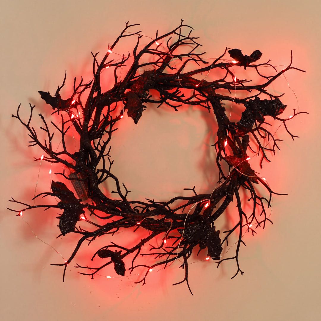Noctra | Lighted Black Bat Branch Wreath Gothic Halloween Wall Decor