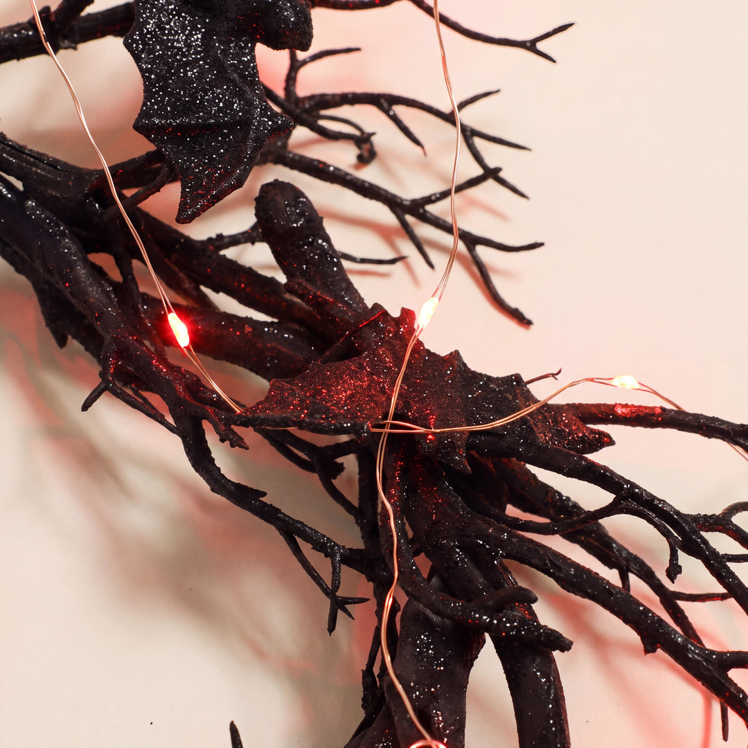 Noctra | Lighted Black Bat Branch Wreath Gothic Halloween Wall Decor