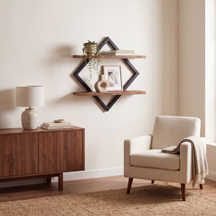 Rhova | 2-Tier Diamond Frame Wall Shelf with Wood Display Shelves