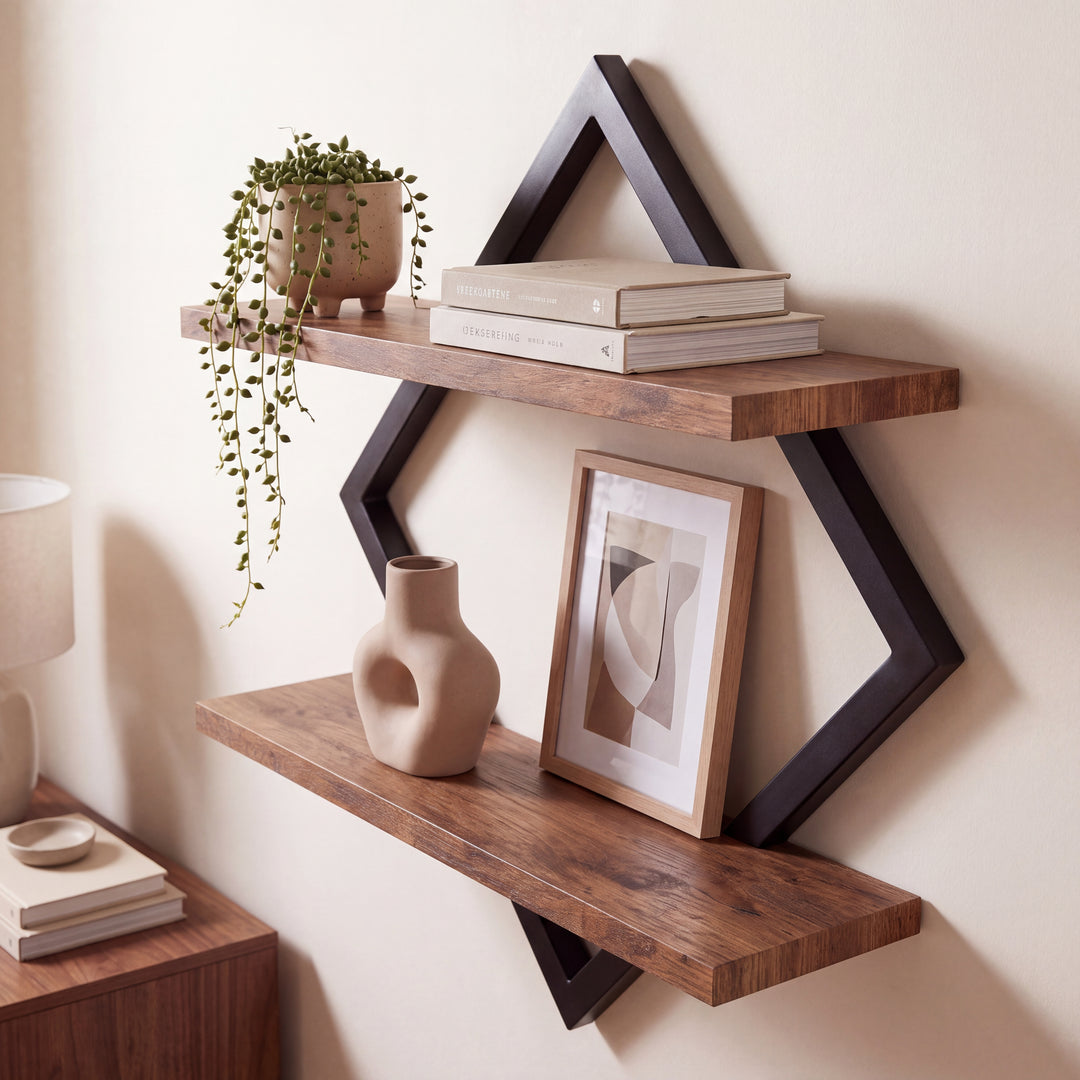 Rhova | 2-Tier Diamond Frame Wall Shelf with Wood Display Shelves