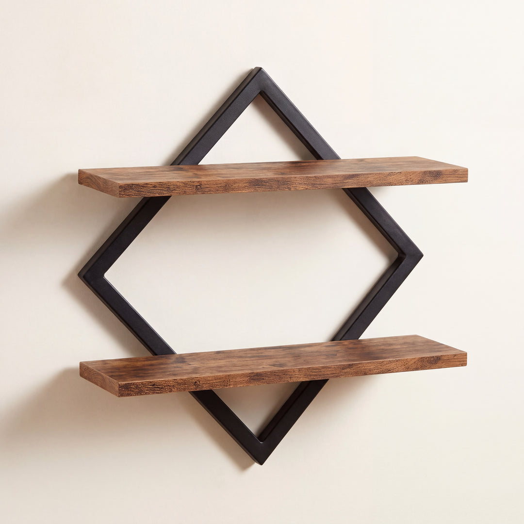 Rhova | 2-Tier Diamond Frame Wall Shelf with Wood Display Shelves