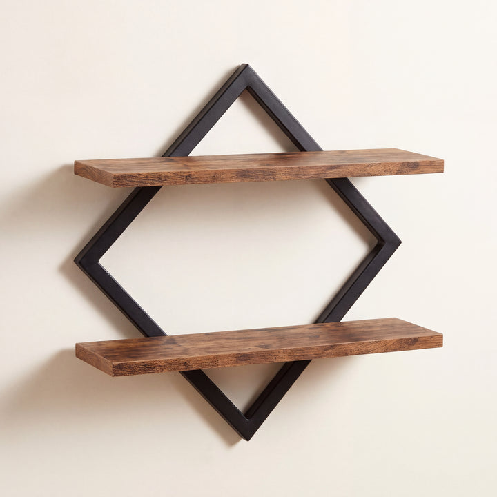 Rhova | 2-Tier Diamond Frame Wall Shelf with Wood Display Shelves