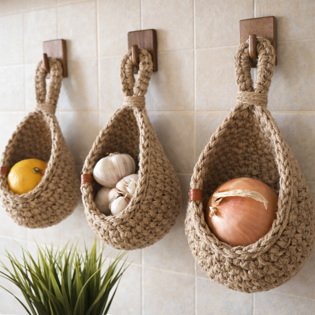 Rustic Jute Hanging Storage Basket – Wall-Mounted Holder for Fruit, Veg & Planters