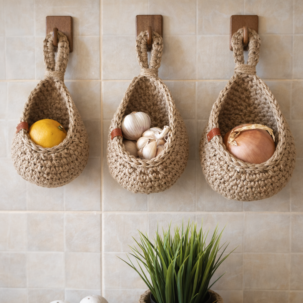 Rustic Jute Hanging Storage Basket – Wall-Mounted Holder for Fruit, Veg & Planters