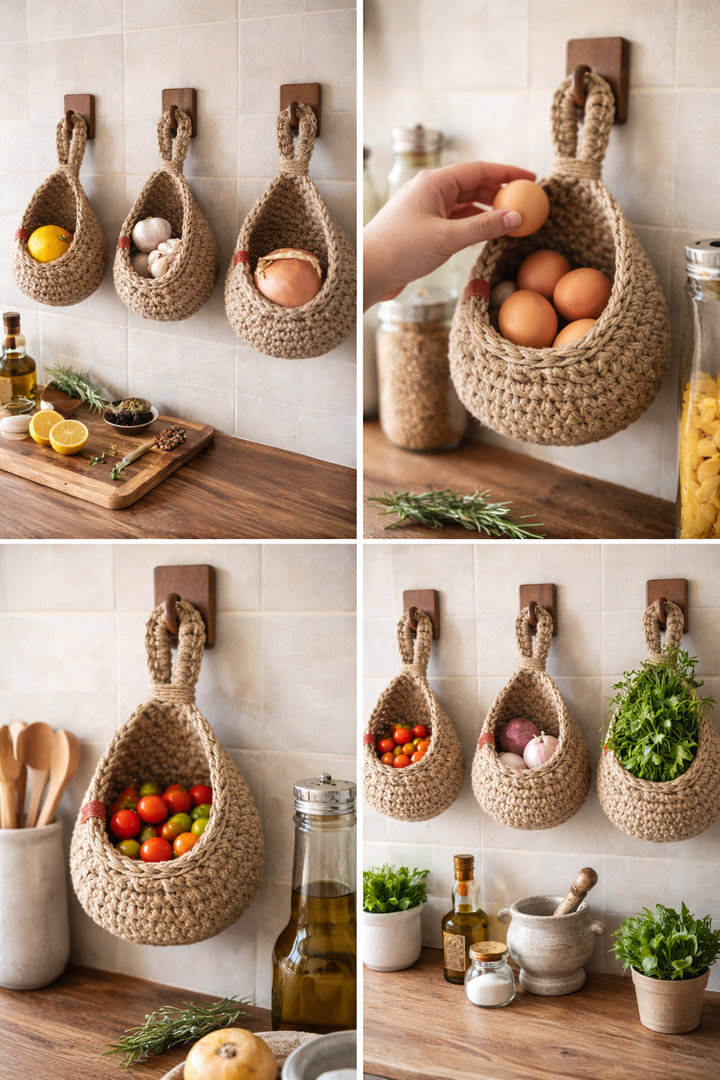 Rustic Jute Hanging Storage Basket – Wall-Mounted Holder for Fruit, Veg & Planters
