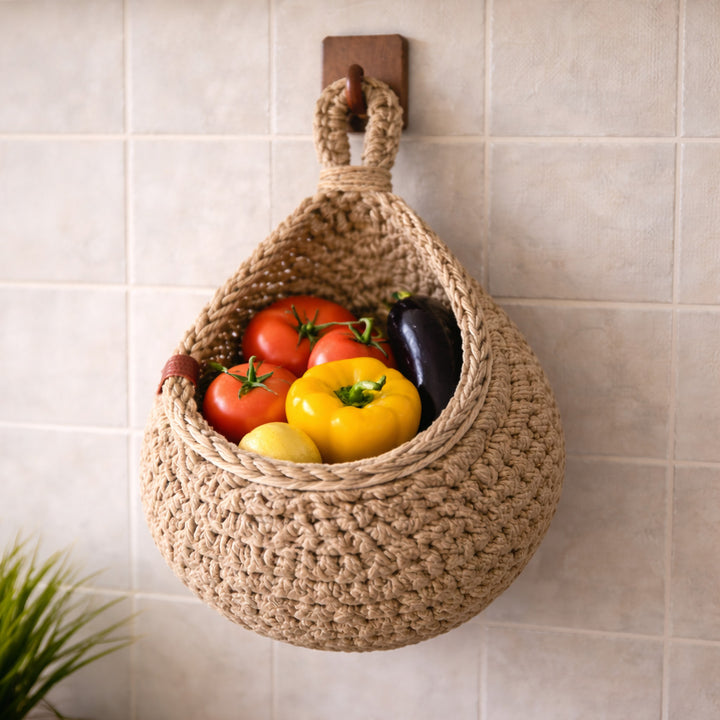 Rustic Jute Hanging Storage Basket – Wall-Mounted Holder for Fruit, Veg & Planters