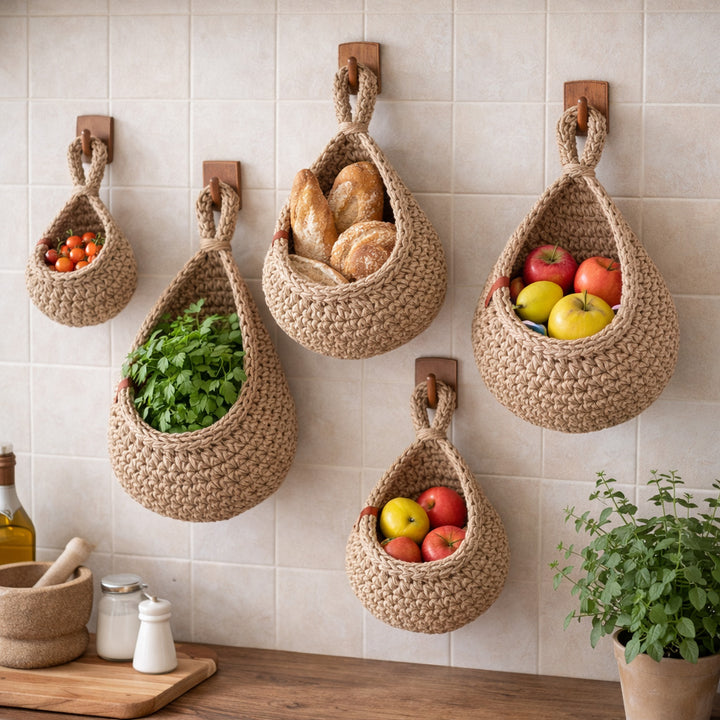 Rustic Jute Hanging Storage Basket – Wall-Mounted Holder for Fruit, Veg & Planters
