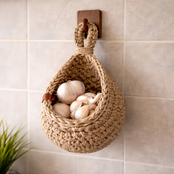 Rustic Jute Hanging Storage Basket – Wall-Mounted Holder for Fruit, Veg & Planters