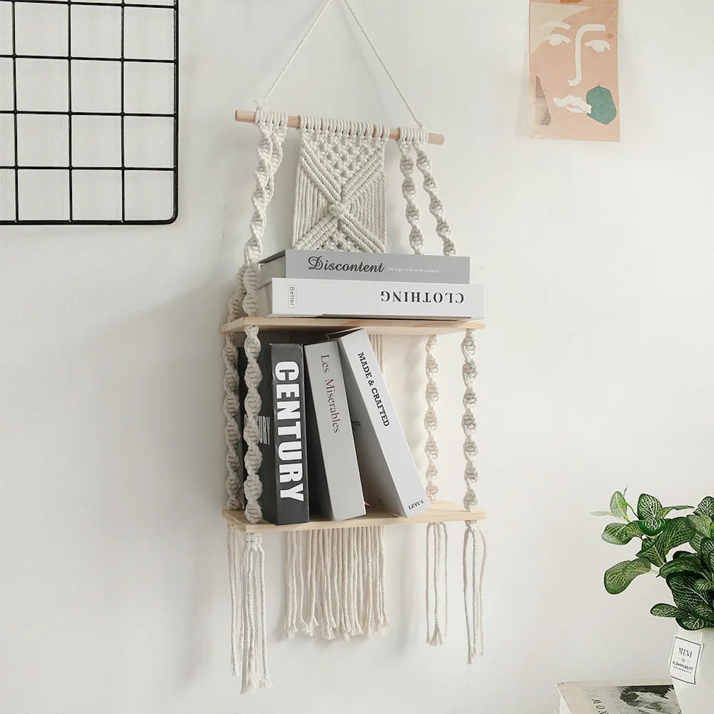 Sage & Twine Hanging Shelf – Boho Macrame Wall Shelf with Wood Tiers