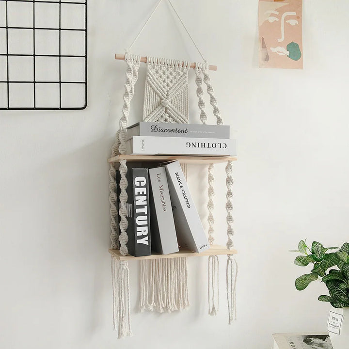 Sage & Twine Hanging Shelf – Boho Macrame Wall Shelf with Wood Tiers