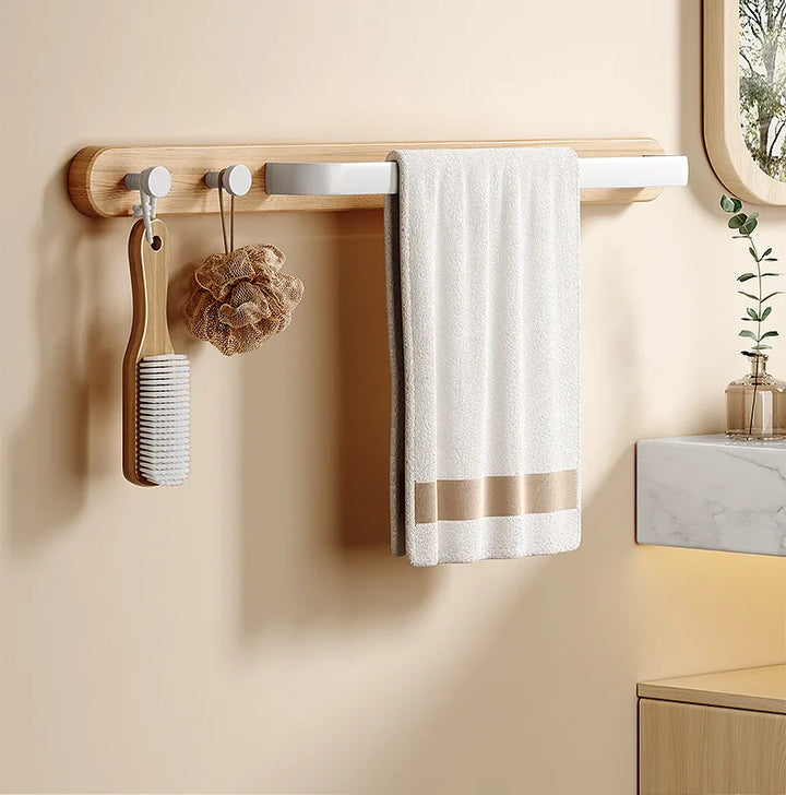 Leno Wooden Towel Rail with Hooks – Modern Utility Bathroom Bar