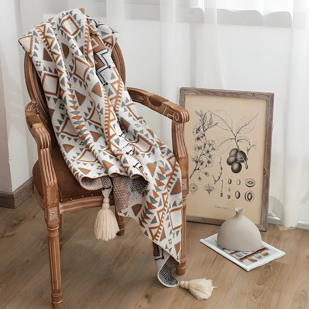 Soft Knit Throw Blanket - Boho-Style Cover With Ivory Tassels