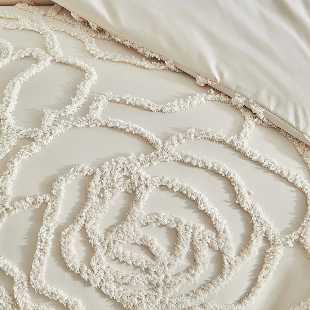 Rosette Tufted Duvet Cover Set – 3D Floral Jacquard Bedding Collection