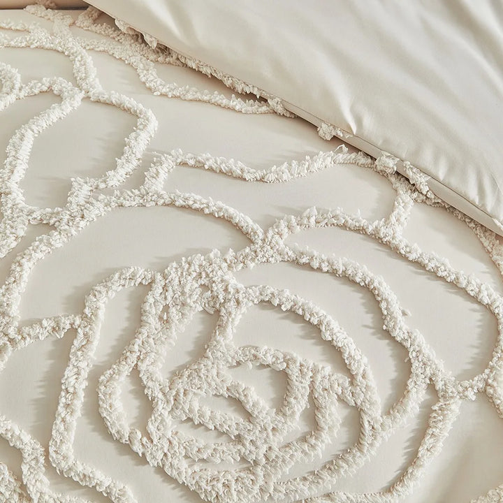 Rosette Tufted Duvet Cover Set – 3D Floral Jacquard Bedding Collection