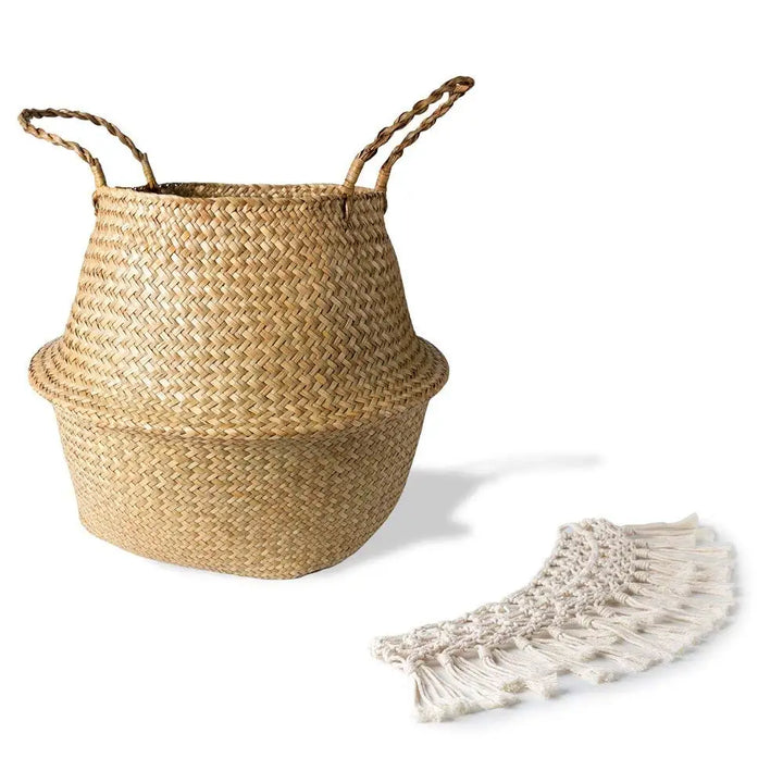 Boho Fringe Seagrass Storage Basket – Woven Planter & Home Organizer with Handles