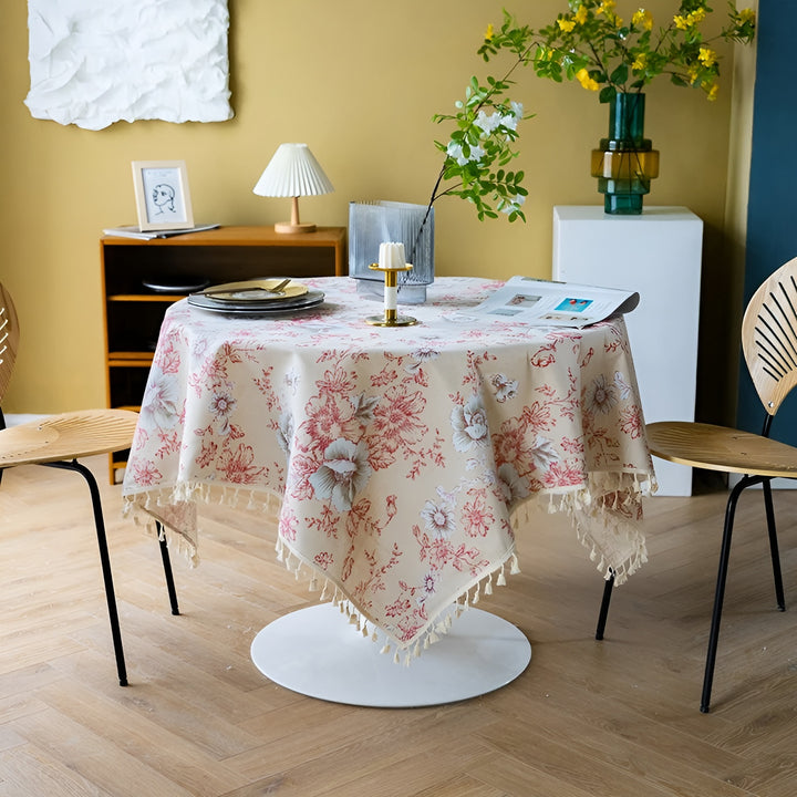 Vintage Print Tablecloth with Tassel Trim - Cotton Linen Table Cover