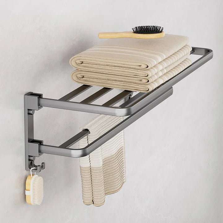 Linea Matte Black Aluminum Towel Rack with Shelf & Hooks