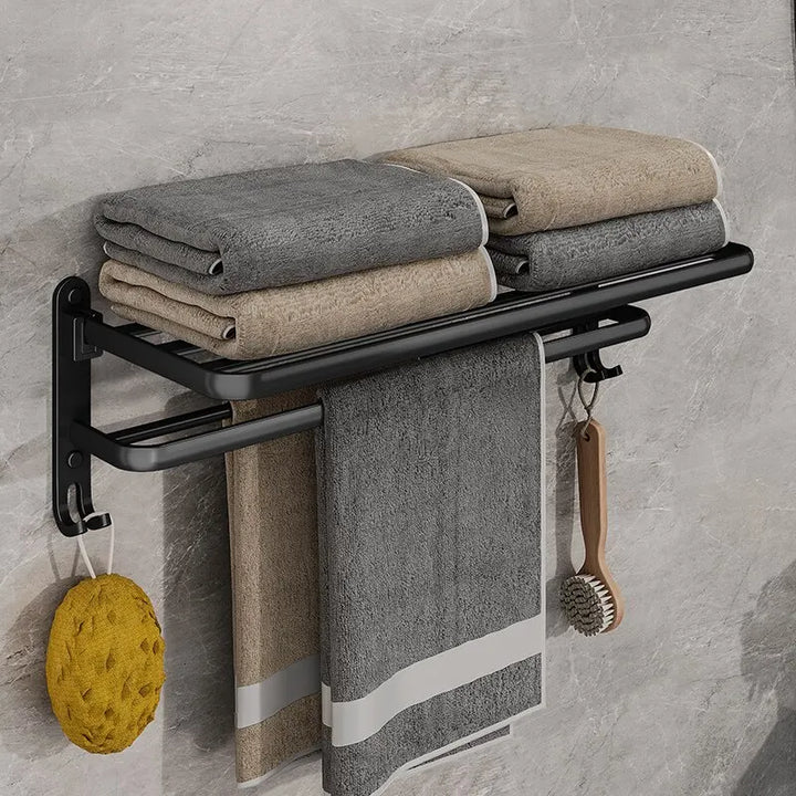 Linea Matte Black Aluminum Towel Rack with Shelf & Hooks