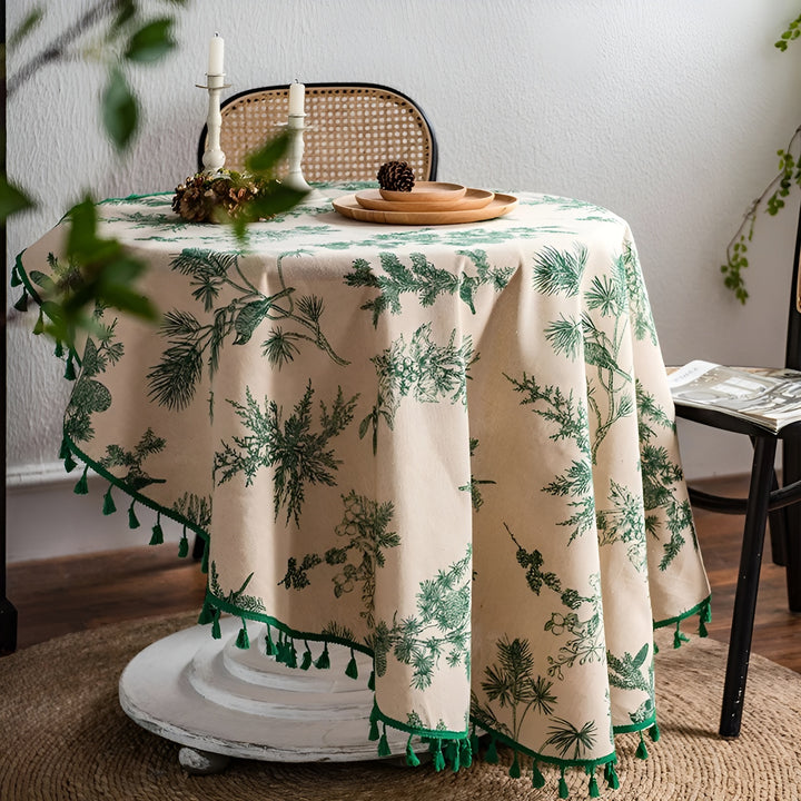 Vintage Print Tablecloth with Tassel Trim - Cotton Linen Table Cover