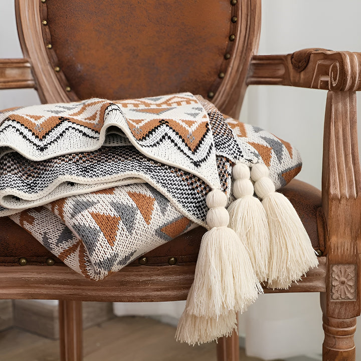 Soft Knit Throw Blanket - Boho-Style Cover With Ivory Tassels
